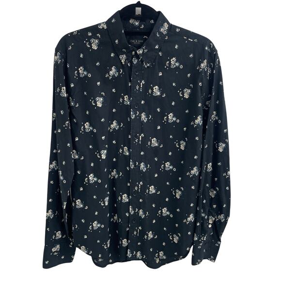 Rag & Bone Fit 2 Tomlin Button Down Shirt Black Ivory Blue Floral Mens Medium - Picture 1 of 5